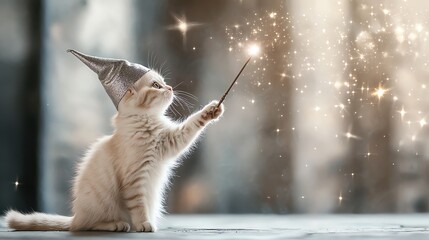 Adorable kitten in a wizard hat casting magical sparkles with a wand.