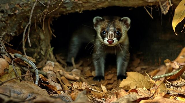 European polecat emerging from forest den in natural habitat AI
