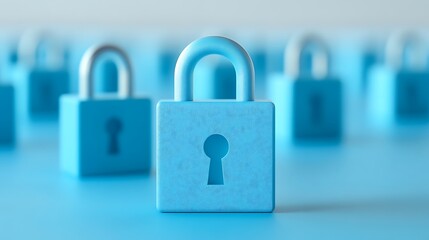 Fototapeta premium Blue padlocks arranged in a row on a serene background representing security and protection of information