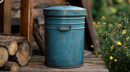 Vintage blue metal trash can placed beside stacked logs and blooming flowers in a rustic outdoor setting