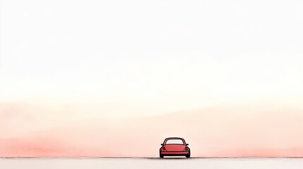 A solitary red car parked on a serene landscape with a soft gradient sky at dusk