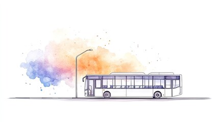 Illustration of a city bus parked at a stop with colorful splashes in the background