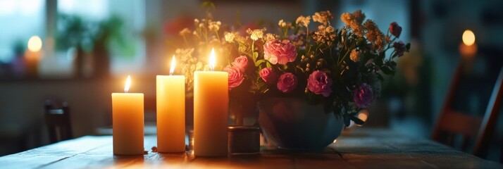 Festive dining table adorned with elegant tableware, glowing candles, and fresh flowers for a warm celebration atmosphere. Generative AI