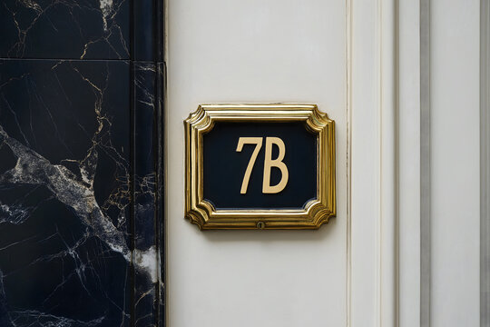 Elegant black and gold door plaque with the number 7B on a marble background, exuding luxury and modern sophistication.