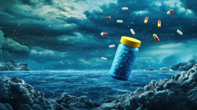 A mysterious deep-sea setting where a pill bottle hovers motionlessly, its pills drifting weightlessly around it.