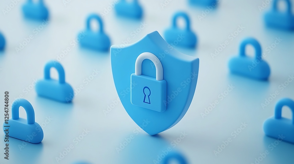 Poster blue shield with lock surrounded by smaller padlocks representing security and protection concepts i
