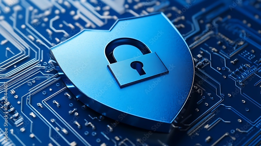 Poster blue shield with lock symbol representing cybersecurity and digital protection on circuit board back