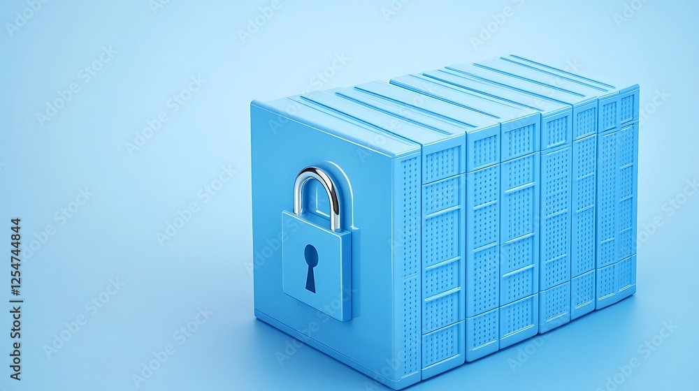 Poster blue storage box with a padlock symbolizing data protection and security concept in a minimalist sty