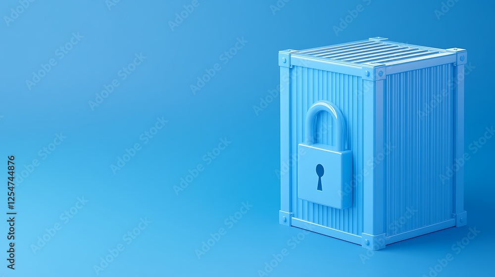 Poster blue storage box with lock on a soft blue background for security and protection concepts