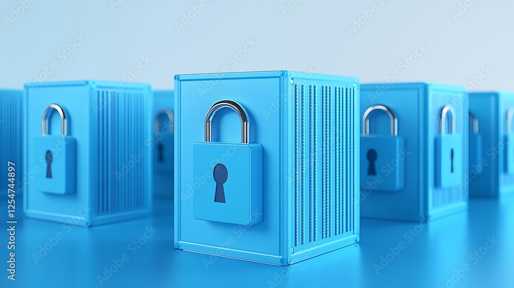 Poster blue storage boxes with locks arranged neatly on a smooth surface representing security and privacy 