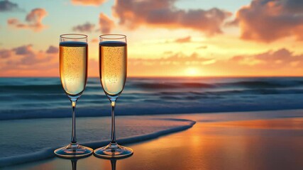 Two glasses of champagne on beautiful beach with blue and orange sky on background	