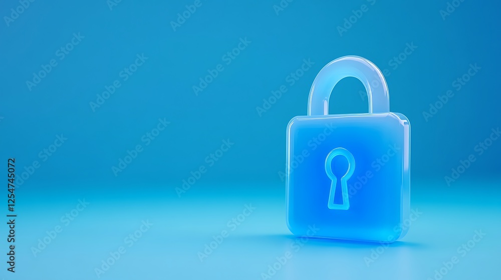 Poster blue transparent padlock on minimalist background symbolizing security and protection of information