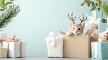 Adorable kitten with antlers in a gift box surrounded by presents, festive and playful holiday scene.