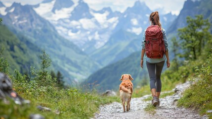 Woman hiking with her dog in a scenic mountain landscape