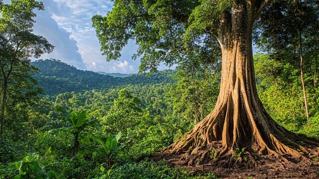 Majestic Tree With Exposed Roots Overlooking Lush Green Hills Under Cloudy Sky In Tropical Forest