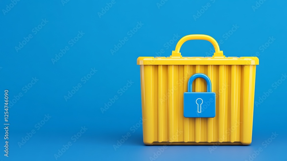 Aufkleber bright yellow storage container with lock on blue background for security and organization concepts