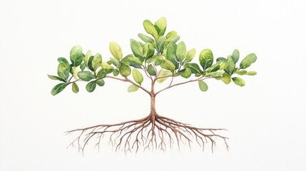 A detailed illustration of a healthy mangrove tree showcasing its vibrant leaves and roots