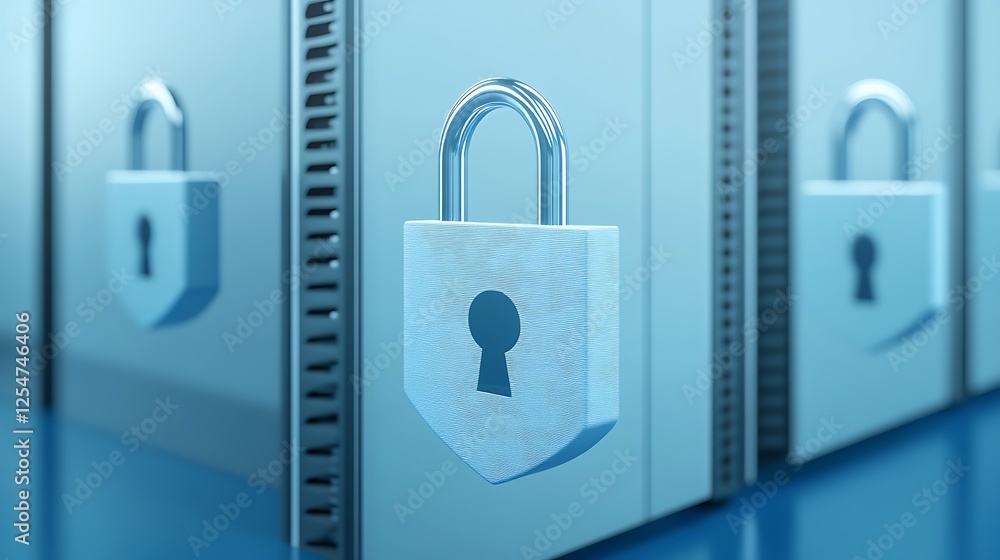 Poster close-up of metallic padlocks on secure digital storage unit symbols representing data protection an