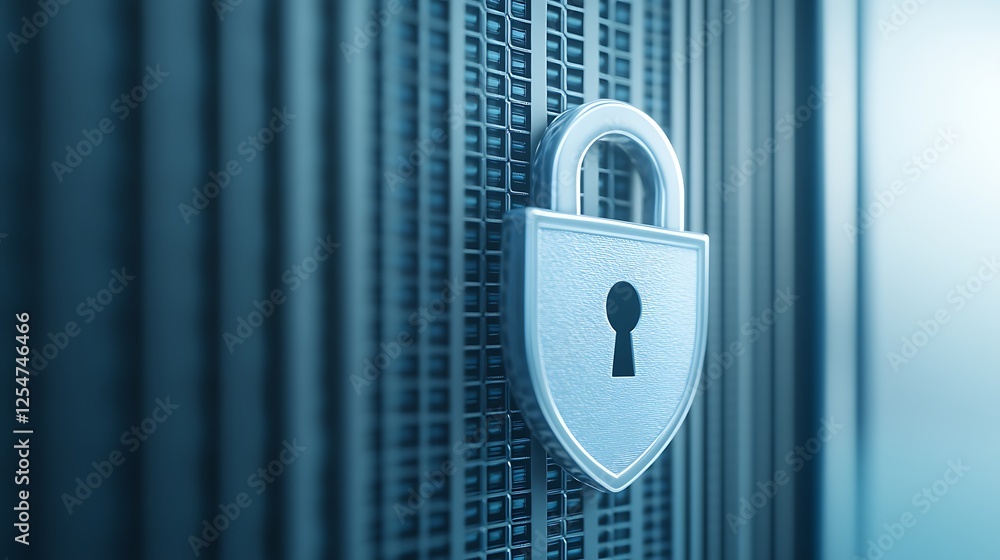 Poster close-up view of a security padlock on a modern digital background representing data protection and 