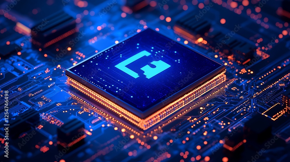 Poster close-up view of a computer microchip on a printed circuit board with digital elements and blue ligh
