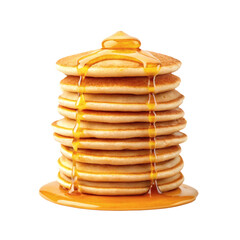 Tall stack of golden pancakes topped with honey dripping down, sweet and delicious breakfast