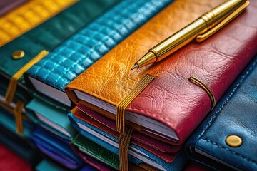 Colorful designer notebooks and planners creative workspace product showcase indoor setting top view aesthetic organization