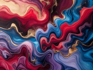 A magnificent and vibrant piece of abstract fluid art showcases captivating shades of red and blue.