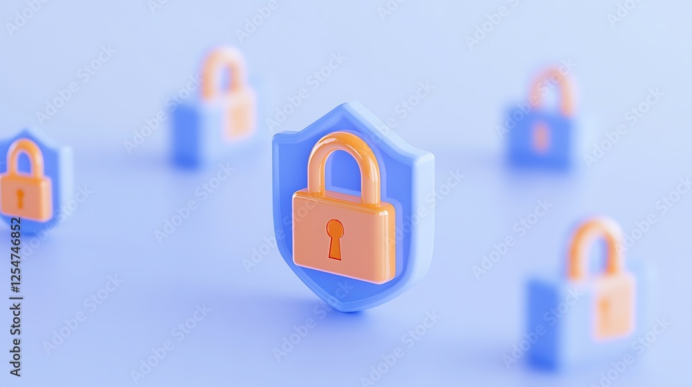 Poster colorful 3d shield with lock icon representing online security and safety concepts in digital enviro