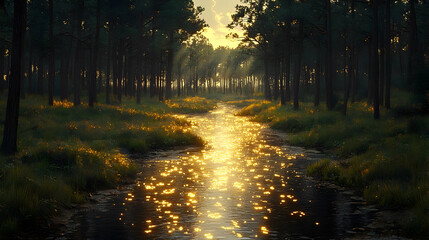 Obraz premium Golden Sunlight Streams Through Forest Pathway