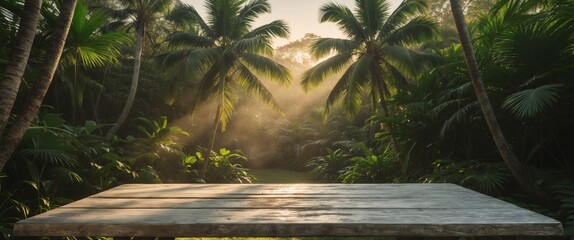 Wooden Table in Tropical Jungle with Palm Trees and Soft Sunlight for Design Showcase