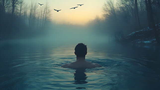 Man Swimming In Misty River At Sunrise