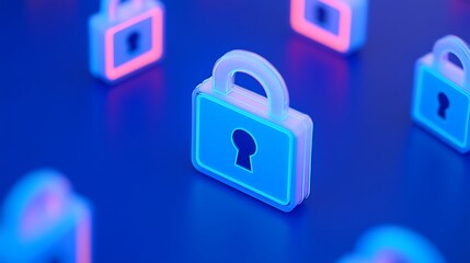 Colorful neon locks on a blue background representing cybersecurity and digital protection concept in modern design