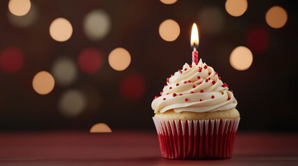 Single Birthday Cupcake with Lit Candle and Red Sprinkles on a Beautiful Background