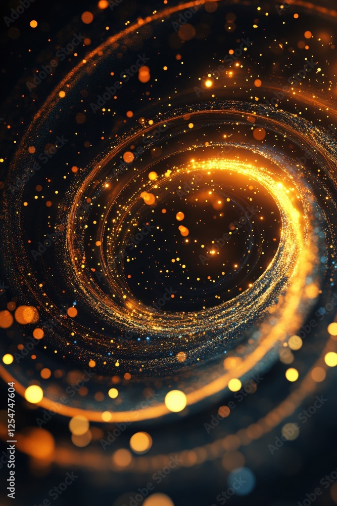 Poster golden spiral with sparkling particles on dark background abstract design with light effects