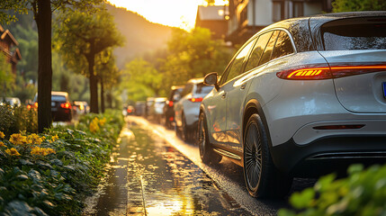 Sunset City Traffic Wet Road Luxury SUV