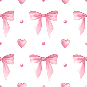 Coquette Bows, beads and hearts in pastel pink color. Isolated watercolor seamless pattern hand drawn for cutecore, girls, romantic invitation design, textile, wrapping, fabric and scrapbooking paper.