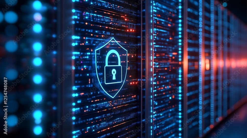 Poster cyber security data center with digital shield icon representing data protection and information sec
