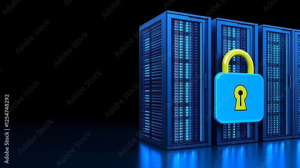 Poster data center with server racks and lock symbol illustrating cybersecurity and information protection 