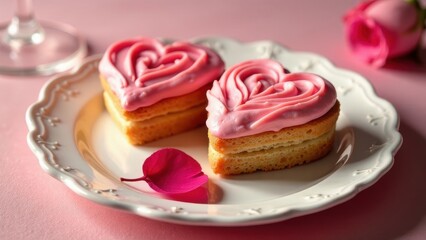 Two heart-shaped pastries with pink frosting on a delicate plate and a pink petal