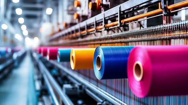 Automated loom machinery in a modern textile factory with colorful vibrant fabric rolls	