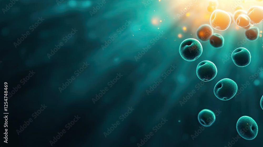 Poster marine environment microscopic idea. abstract view of floating cells illuminated by sunlight in a se