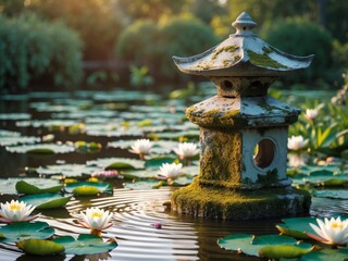 A pond with water lilies and a stone lantern in the middle of it.
