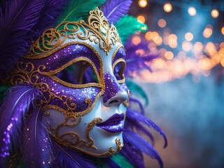 a close up of a carnival mask with lights in the background.