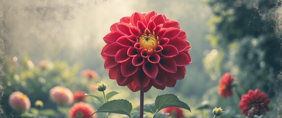 Red Dahlia Flower with Vintage Texture Background and Blank Space for Creative Text Overlay in Elegant Garden Setting