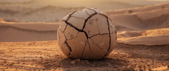 Cracked dried clay ball rests gently on warm earth under a golden sun.