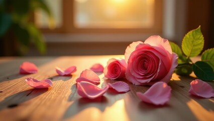 A delicate pink rose and scattered petals rest on a wooden surface, bathed in the warm glow of the setting sun, creating a serene and romantic ambiance.