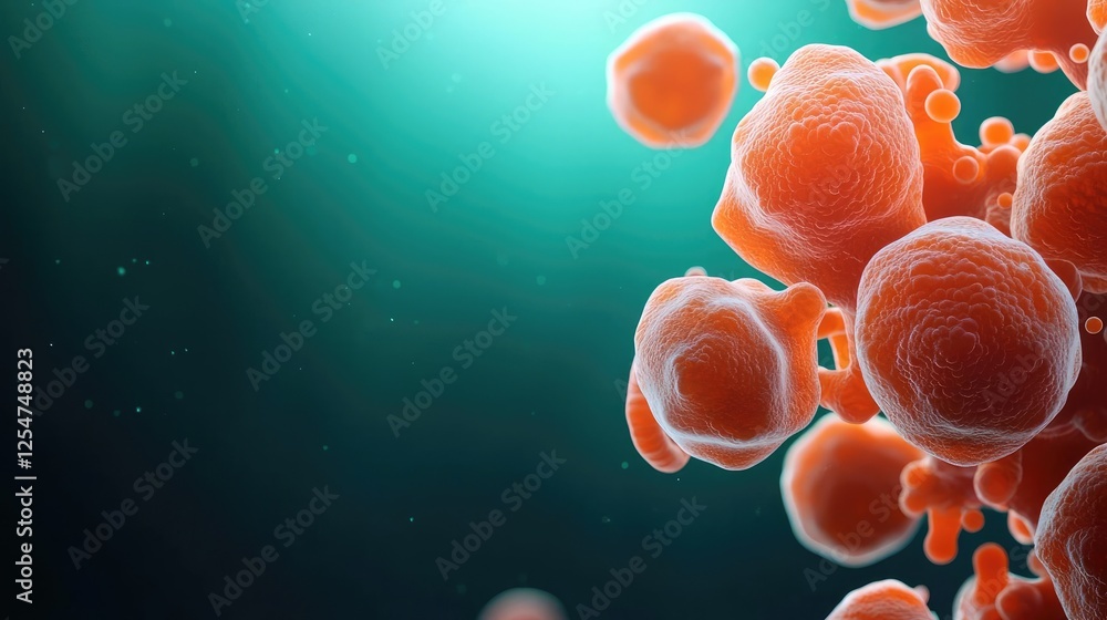 Poster marine environment microscopic idea. vibrant microscopic view of red cells floating in a turquoise a