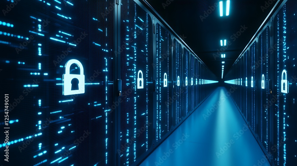 Poster digital data center with illuminated server racks and security locks for cyber protection and privac