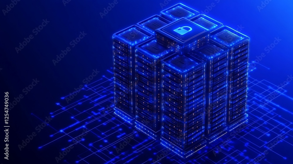 Aufkleber digital data center representation with blue light and security symbols in a futuristic environment