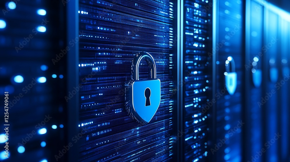 Poster digital data security concept with blue light and padlock on server rack in data center environment